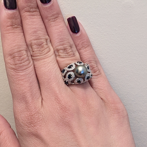 White gold pearl diamond sapphire ring sz7 - Picture 6 of 6